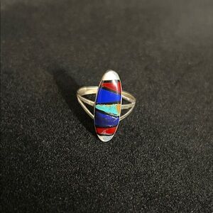 NAVAJO INLAY MULTICOLOR STERLING SILVER RING SIZE 9.5